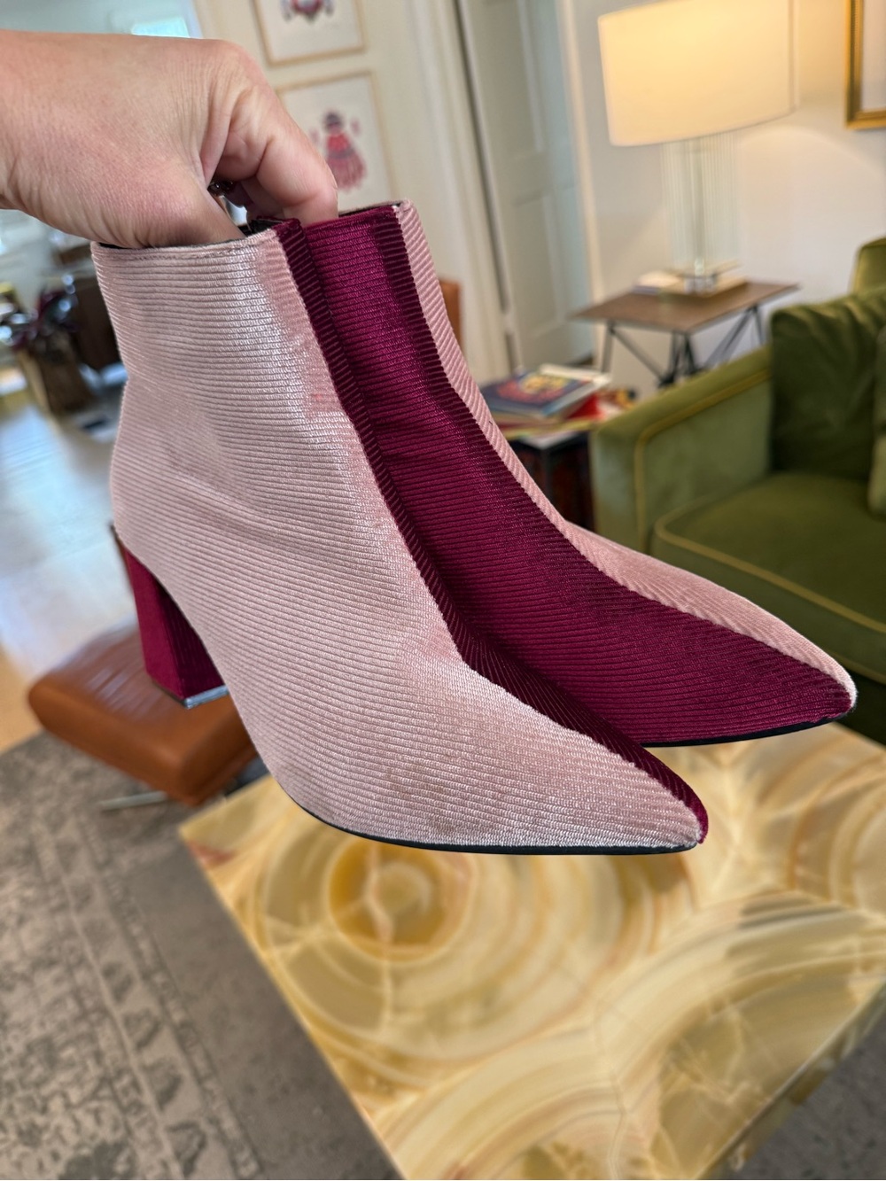 Women's Two-Tone Pink and Burgundy Velvet Ankle Colorblock Booties